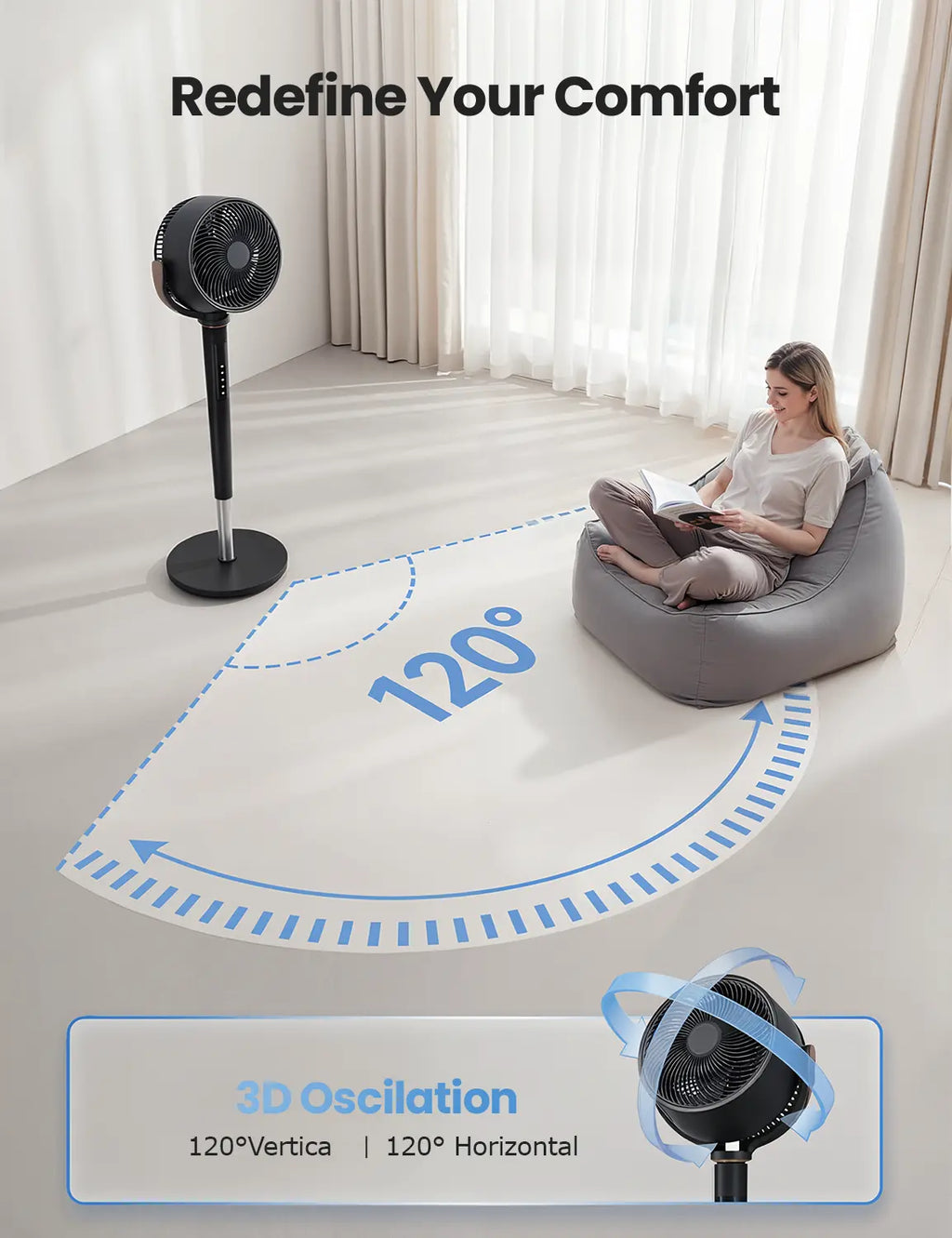 ⚡Fan for Bedroom, 120° Oscillating Standing Fan, DC Motor Quiet Floor Fan